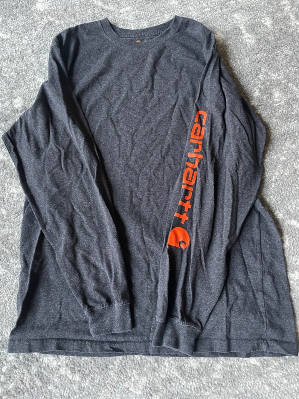 Carhartt Men’s Long Sleeve Tee - Charcoal with Orange Sleeve Logo